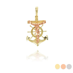 Two Tone Gold Jesus Anchor Mariner Pendant Necklace (Available in Yellow/Rose/White)