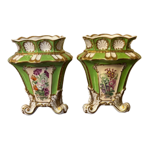 Antique 19th Century English Regency Copeland & Garrett Porcelain Botanical Vases - a Pair