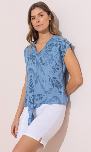 Garden Printed Tie Front Top - Blue