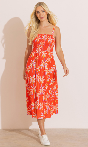 Palm Tree Print Smocked Midi Dress - Red Multi