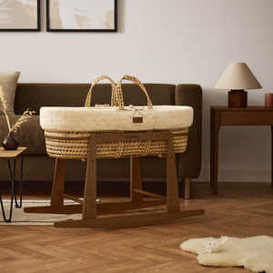 Little Green Sheep Organic Dimple Moses Basket, Mattress & Rocking Stand - Linen/Walnut