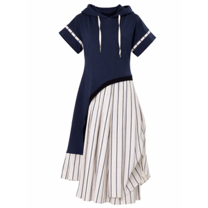 Hooded Asymmetric Dress With Striped Skirt In Blue (XXL)