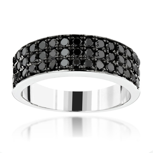 Modern Three Row Black Diamond Ring For Men 10K Gold Wedding Band 1.4CT
