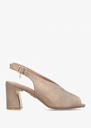 Love Taupe Metallic Block Heel Sling Back Sandals
