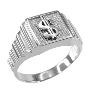 .925 Sterling Silver Dollar Sign Money Textured Men's Signet Ring