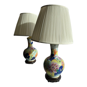 Vintage Chinese Export Tobacco Leaf Porcelain Table Lamps - Pair 31"h