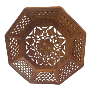 Vintage Carved Wood Bowl With Brass Inlays