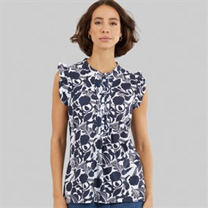 Crew Clothing Womens Sleeveless Frill Print Top Abstract Floral Navy/White