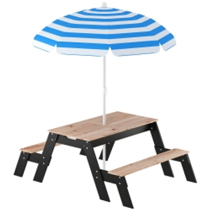 AIYAPLAY Kids Garden Furniture with Parasol, 3 in 1 Wooden Sand and Water Table with 2 Hidden Play Boxes for Patio, Ages 3-6