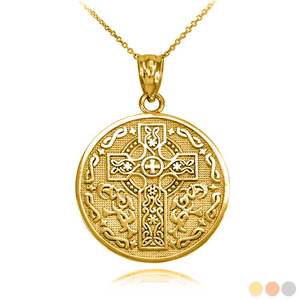 Gold Celtic Cross Irish Blessing Textured Coin Medallion Pendant Necklace (Available in Yellow/Rose/White Gold)