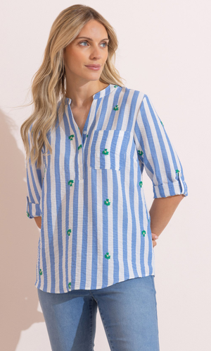 Floral Embroidered Striped Shirt - Blue/White