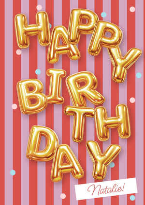 Striped Gold Balloon Typographic Birthday Card