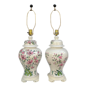 Chinoiserie Pink Floral Ginger Jar Table Lamps, a Pair