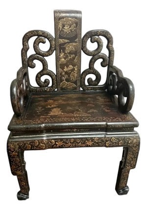 Antique Chinese Export Gilt & Black Lacquer Throne Chair