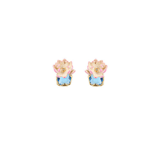 Boucles d'oreilles Nymphéa rose et pierre ronde bleue