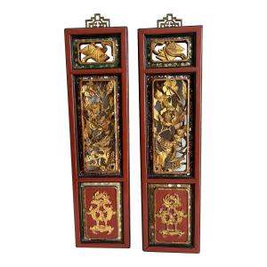 Antique Chinese Carved Wood Wall Hangings- Set of 2