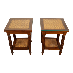 1980s Bauer International Wood & Woven Cane Side Tables With Glass Tops - A Pair