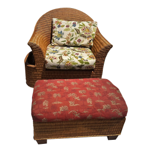 Modern Wicker Rattan Lounge Chair with Ottoman & Floral Upholstery