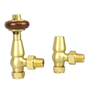 Traditional Style Thermostatic TRV &amp; Lockshield Angled Radiator Valves - Brushed Gold