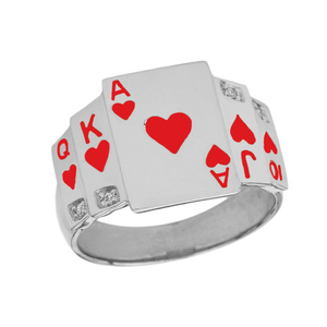 "Ace of Hearts" Royal Flush Diamond Ring in Sterling Silver with Red Hearts