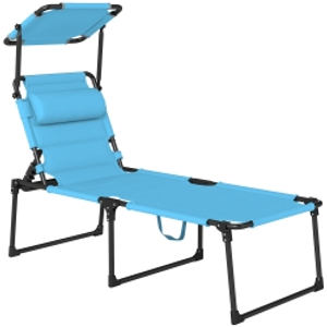 Outsunny Tumbona de Jardín con Toldo Ajustable Respaldo Regulable 4 Niveles Reposacabezas para Terraza 70x200x45 cm Azul Claro