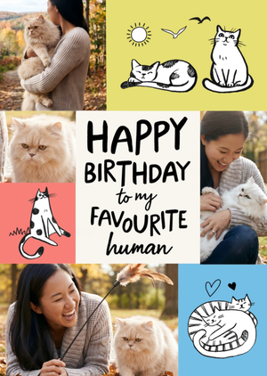 Happy Birthday To My Favourite Human Hand-Drawn Cat Collage Photo Upload Card