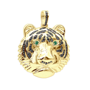 Real 10K or 14K Gold Tiger Head Diamond Pendant for Men 2.2ct Black Diamonds