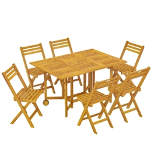 Outsunny 7 Pieces Garden Dining Set, Extending Dining Table and 6 Folding Chairs with Umbrella Hole for Patio, Natural Wood