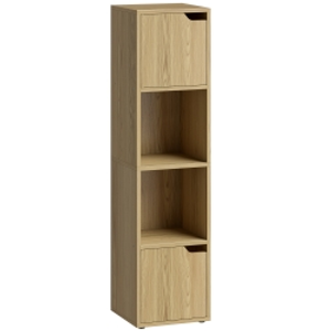 HOMCOM Narrow Bookcase, 4-Tier Bookshelf, Storage Cabinet with doors for Living Room, Bedroom, Oak
