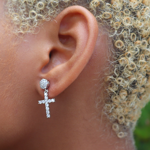 GLD Diamond Studded Cross Earrings in White Gold