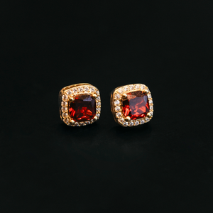 Ruby Cushion Cut Earrings in Yellow Gold