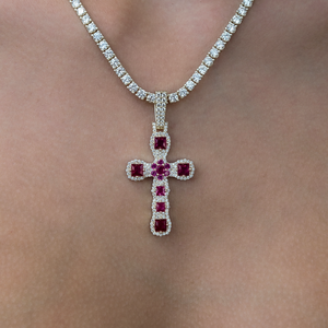 Ruby Stone Rounded Cross Pendant in Yellow Gold