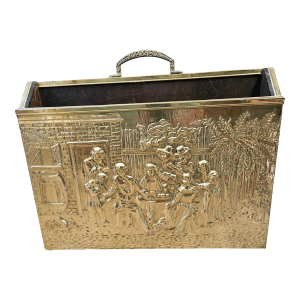 Mid 20th Century Vintage Embossed Brass and Wood Magazine Holder Rack