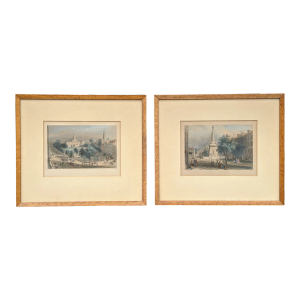 Late 1800's Antique Cityscape Engravings in Burlwood Frames- a Pair