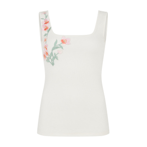Pink Blossom-Appliqué Square-Neck Tank Top In Ivory White (S)