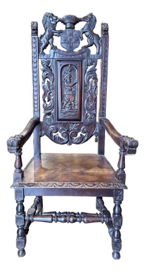 Antique Renaissance Revival Heraldic Carved Throne Chair