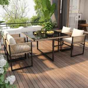 5-Piece Garden Dining Set with Hand-Woven Rope Chairs, Modern Garden Furniture Set for Balcony, 110L x 110W x 74H cm, Beige+Black