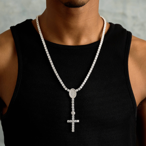 Diamond Eternity Tennis Cross Rosary Lariat Necklace in White Gold - 5mm