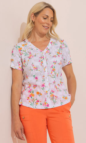 Anna Rose Garden Print Short Sleeve Blouse - White/Multi