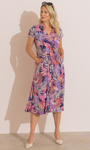 Anna Rose Leaf Printed Jersey Dress - Navy/Multi