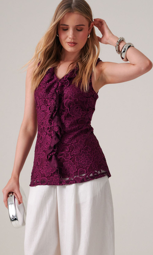 Sleeveless Frill Front Lace Top - Orchid