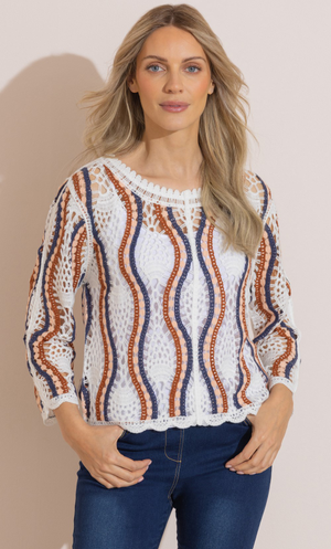 Patterned Crochet Top - White/Navy/Rust