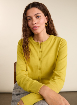 Briar Organic Cotton Crew Neck Cardigan - UK 16 | EU 42 | US 12 / Chartreuse