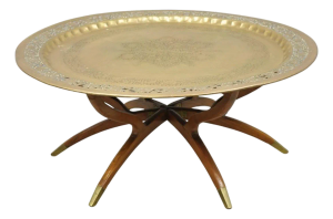 Vintage Moroccan 40" Round Brass Tray Top Teak Folding Spider Leg Coffee Table