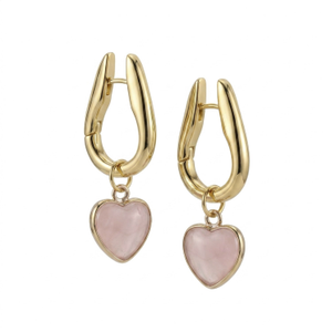 Vintage Heart Hoop Earrings With Natural Rose Quartz Heart Charms – Gold Romantic Jewellery Gift For Her