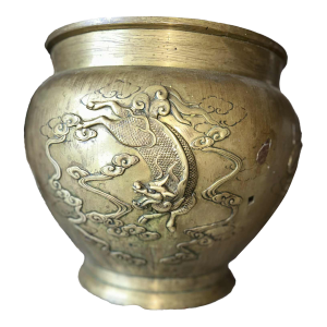Mid 19th Century Japanese Meiji Period Cast Brass Jardiniere Planter Grand High Relief Art Bowl - Mythological Creatures