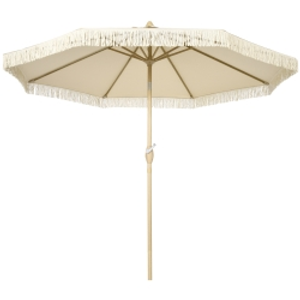 Outsunny Sombrilla de Jardín Ø265x244 cm con Manivela Manual Ángulo Ajustable y Flecos de Estilo Boho para Terraza Piscina Crema