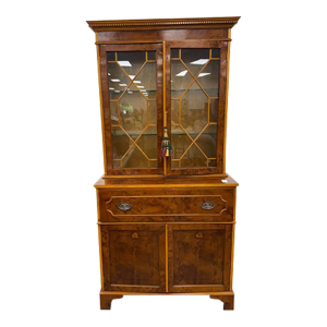 Vintage Geogre II Styl Bured Wood Yew Wood 2 Part Bookcase and Secretary Desk