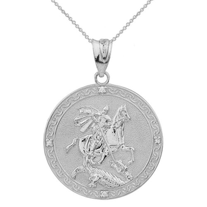 Sterling Silver Saint George Engravable CZ Medallion Pendant Necklace  (Large)