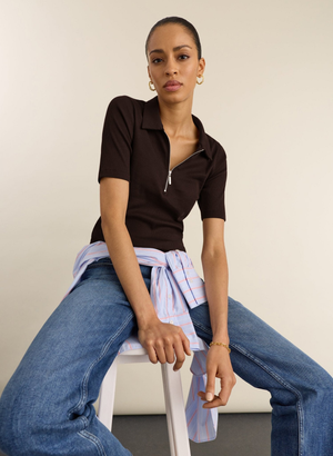 Ivy Ribbed Short-Sleeve Zip Top - UK 14 | EU 40 | US 10 / Dark Chocolate